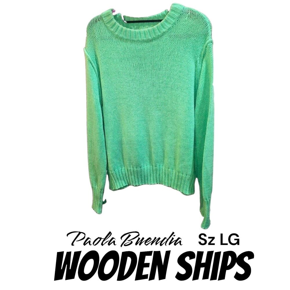 Wooden Ships Paola Buendia Sz L Green Boxy Lagenlook Whimsy Boho Knit Sweater